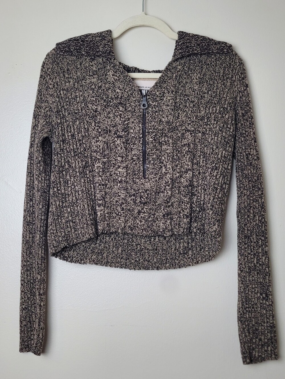 Vintage Y2K DKNY Jeans Brown and White Marled Knit Cropped Sweater Zip Up
